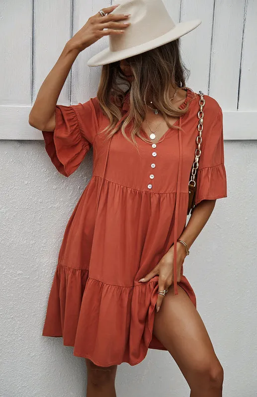 Relaxed Elegance: V-Neck Ruffle Mini Dress - Hurry, Shop Now!