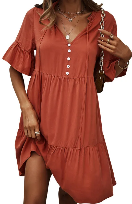Relaxed Elegance: V-Neck Ruffle Mini Dress - Hurry, Shop Now!