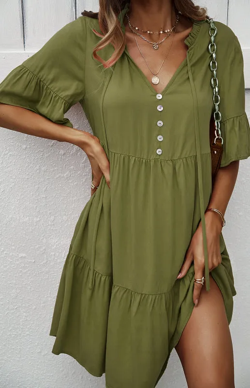 Relaxed Elegance: V-Neck Ruffle Mini Dress - Hurry, Shop Now!