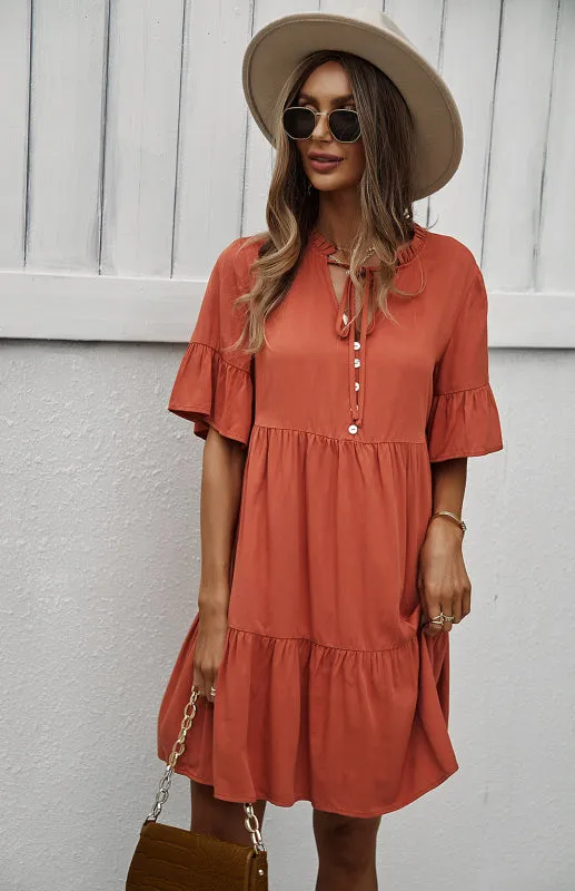 Relaxed Elegance: V-Neck Ruffle Mini Dress - Hurry, Shop Now!