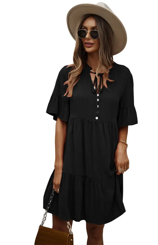 Relaxed Elegance: V-Neck Ruffle Mini Dress - Hurry, Shop Now!