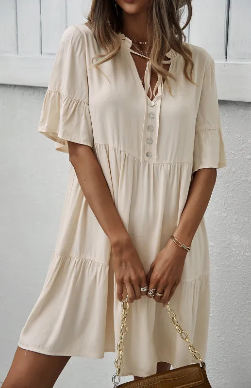 Relaxed Elegance: V-Neck Ruffle Mini Dress - Hurry, Shop Now!