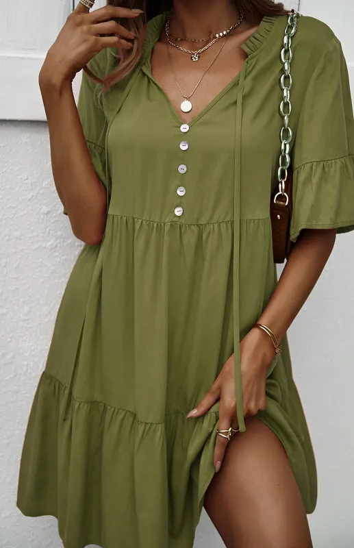 Relaxed Elegance: V-Neck Ruffle Mini Dress - Hurry, Shop Now!