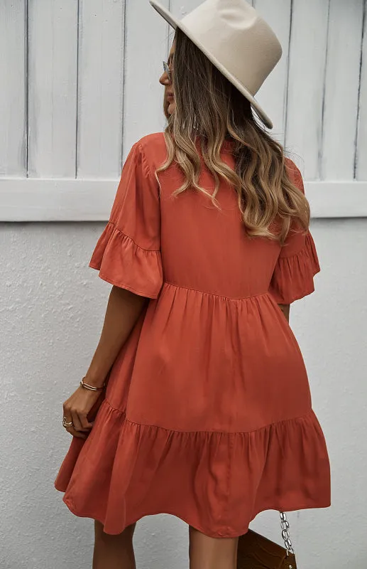 Relaxed Elegance: V-Neck Ruffle Mini Dress - Hurry, Shop Now!