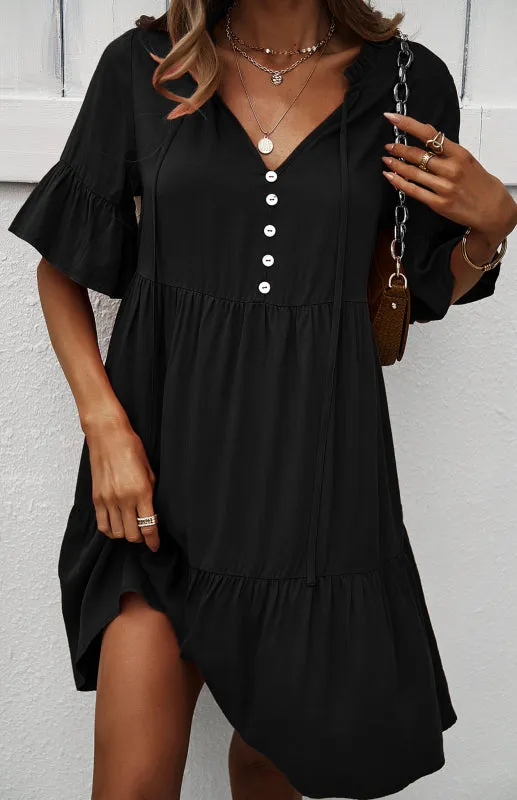 Relaxed Elegance: V-Neck Ruffle Mini Dress - Hurry, Shop Now!