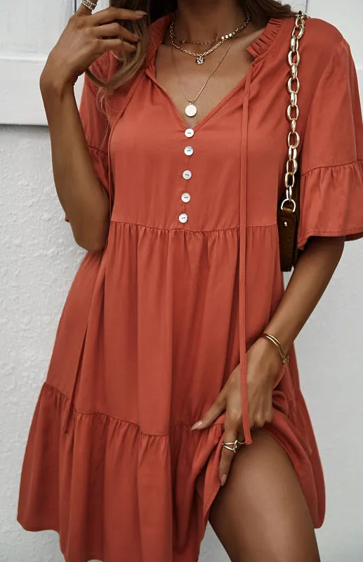 Relaxed Elegance: V-Neck Ruffle Mini Dress - Hurry, Shop Now!