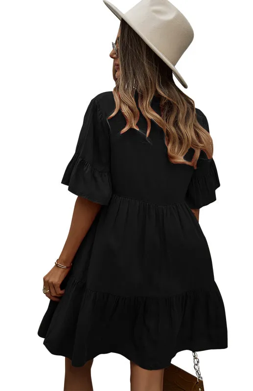 Relaxed Elegance: V-Neck Ruffle Mini Dress - Hurry, Shop Now!