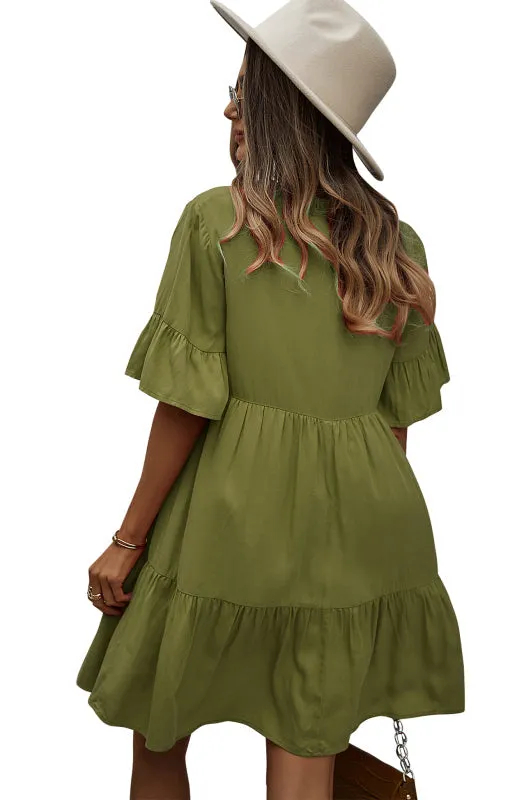 Relaxed Elegance: V-Neck Ruffle Mini Dress - Hurry, Shop Now!