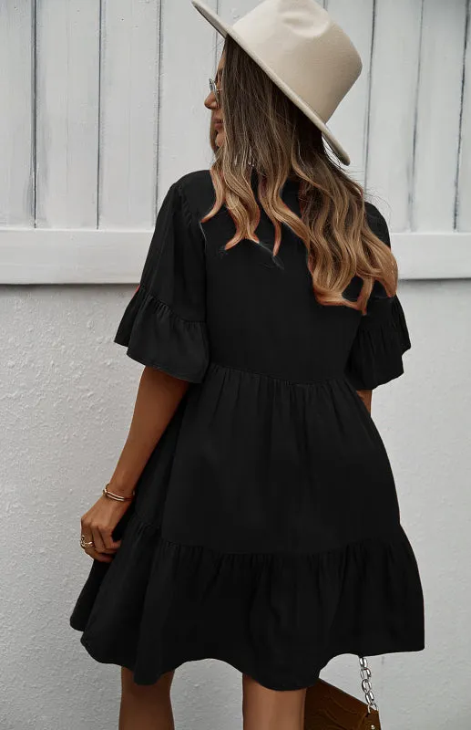 Relaxed Elegance: V-Neck Ruffle Mini Dress - Hurry, Shop Now!
