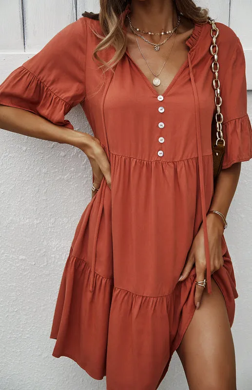 Relaxed Elegance: V-Neck Ruffle Mini Dress - Hurry, Shop Now!