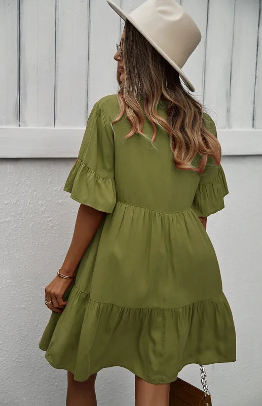 Relaxed Elegance: V-Neck Ruffle Mini Dress - Hurry, Shop Now!