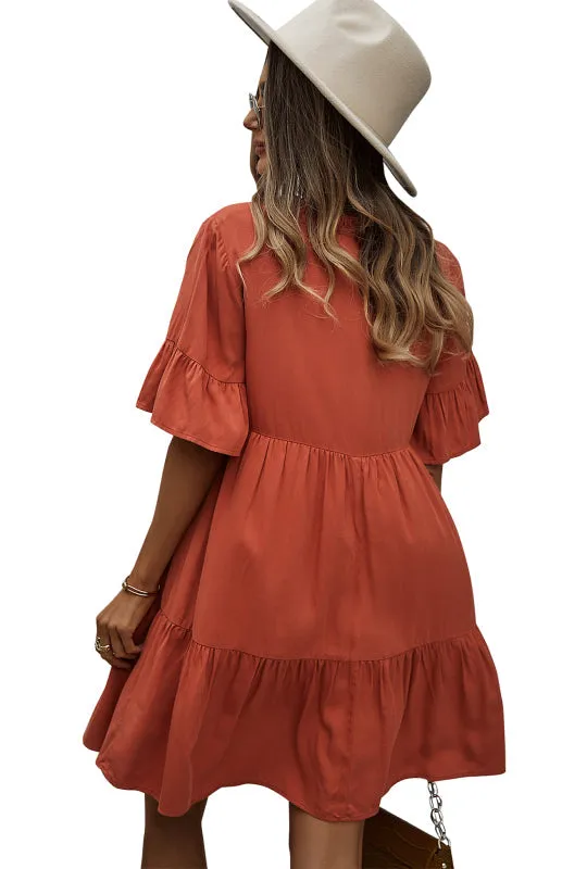 Relaxed Elegance: V-Neck Ruffle Mini Dress - Hurry, Shop Now!
