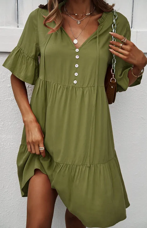 Relaxed Elegance: V-Neck Ruffle Mini Dress - Hurry, Shop Now!
