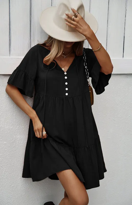 Relaxed Elegance: V-Neck Ruffle Mini Dress - Hurry, Shop Now!