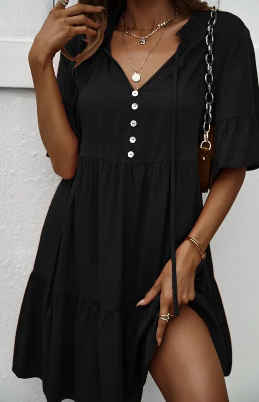 Relaxed Elegance: V-Neck Ruffle Mini Dress - Hurry, Shop Now!
