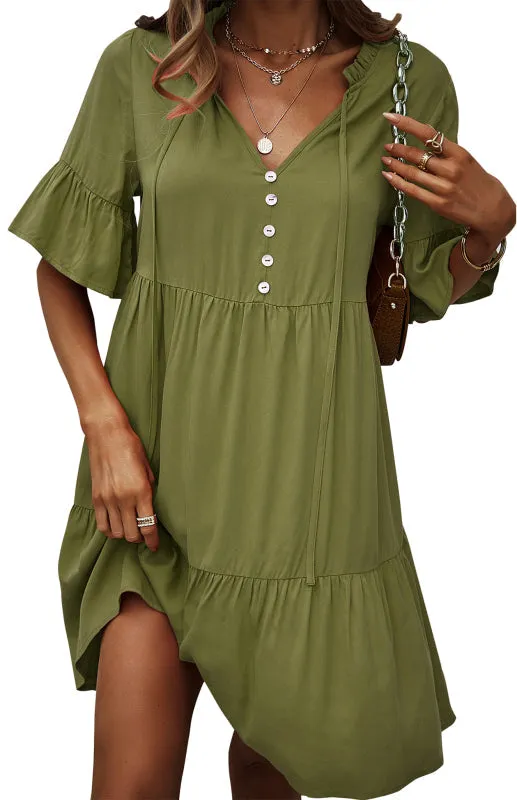 Relaxed Elegance: V-Neck Ruffle Mini Dress - Hurry, Shop Now!