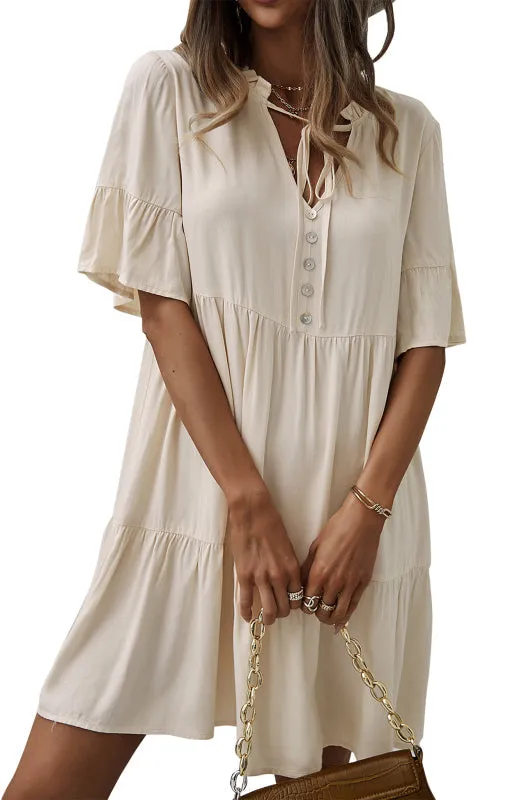 Relaxed Elegance: V-Neck Ruffle Mini Dress - Hurry, Shop Now!