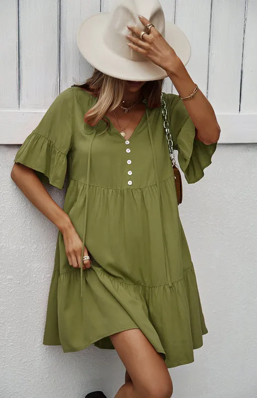 Relaxed Elegance: V-Neck Ruffle Mini Dress - Hurry, Shop Now!
