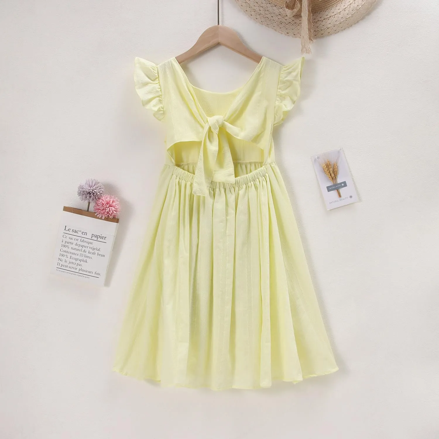 Ritatte Girls Summer Cotton Dress Ruffle Sleeveless Bowknot Tie Back Sundress Solid Casual Backless A-Line Swing Midi Dresses