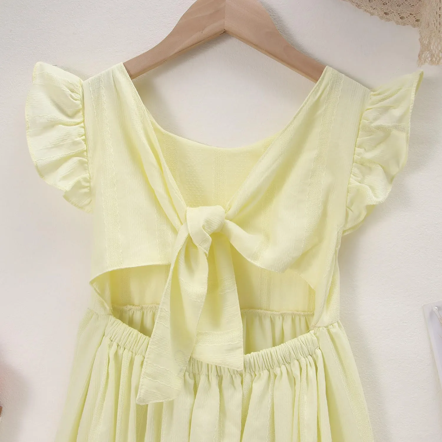 Ritatte Girls Summer Cotton Dress Ruffle Sleeveless Bowknot Tie Back Sundress Solid Casual Backless A-Line Swing Midi Dresses
