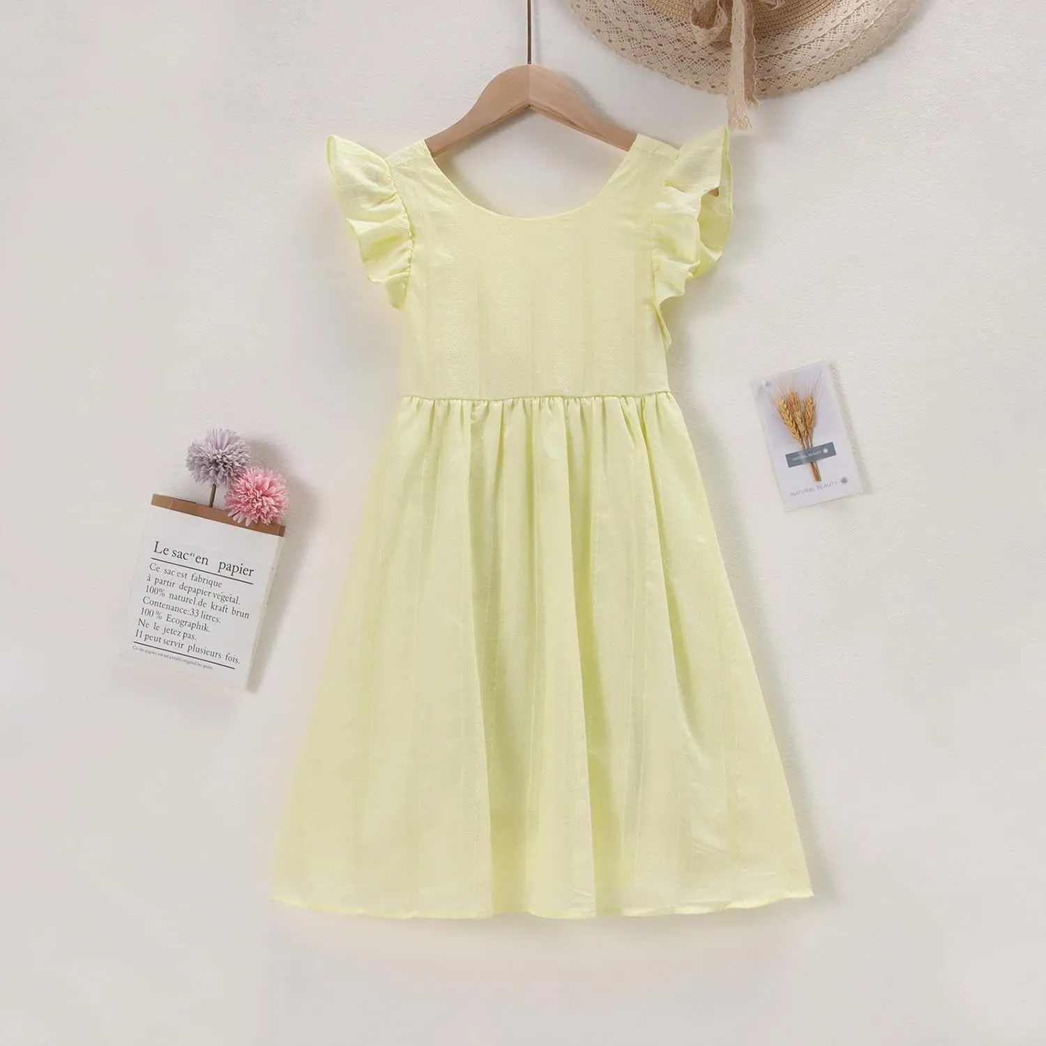 Ritatte Girls Summer Cotton Dress Ruffle Sleeveless Bowknot Tie Back Sundress Solid Casual Backless A-Line Swing Midi Dresses