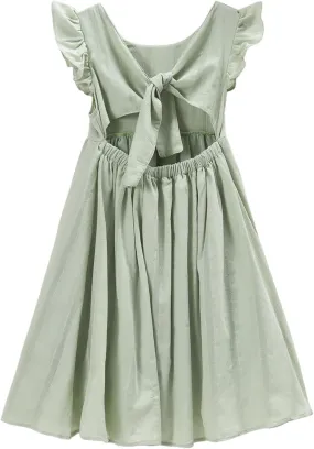 Ritatte Girls Summer Cotton Dress Ruffle Sleeveless Bowknot Tie Back Sundress Solid Casual Backless A-Line Swing Midi Dresses
