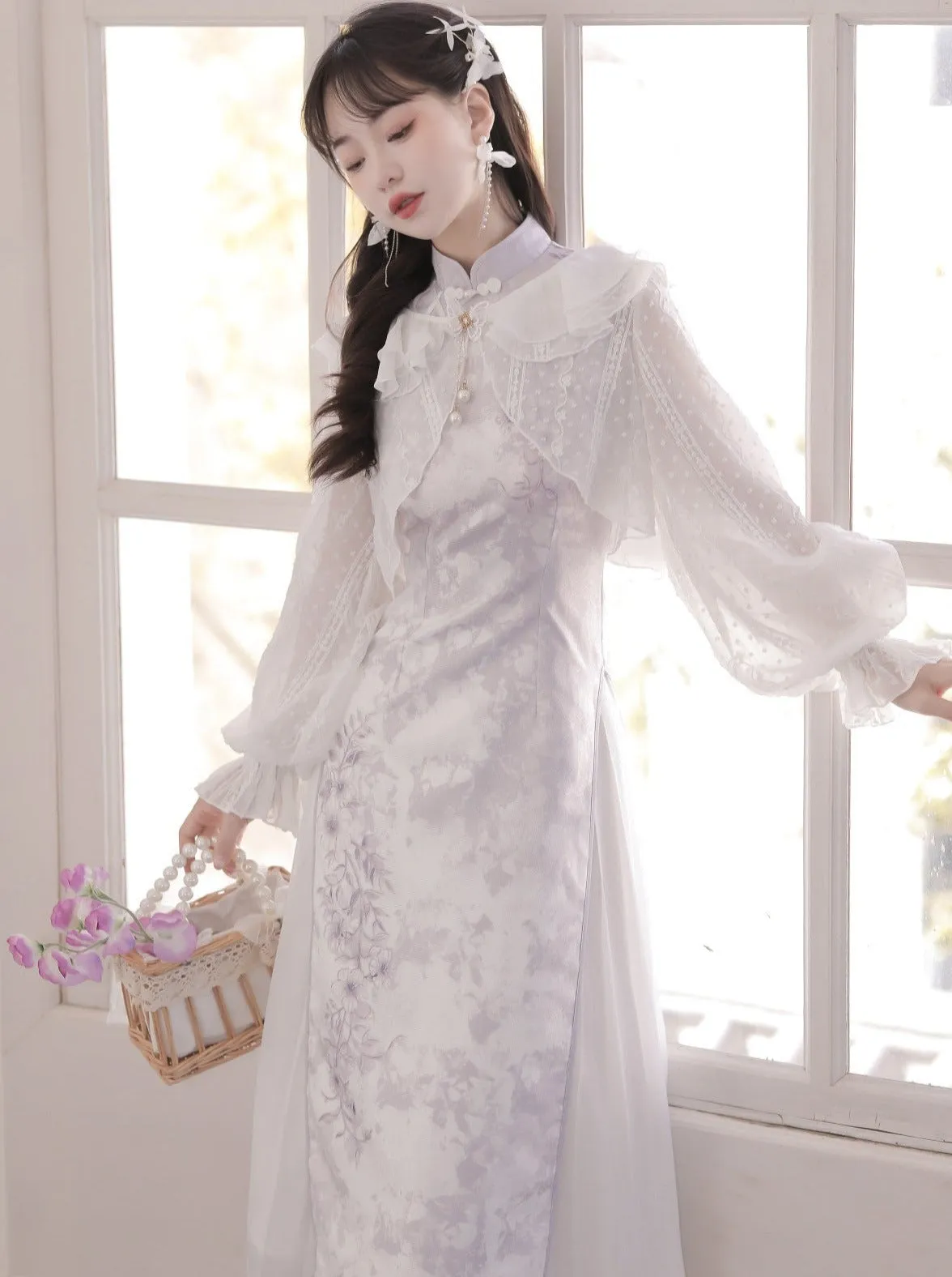 Ruffled Chinese Dress   Purple Cardigan Light Sheer Flower