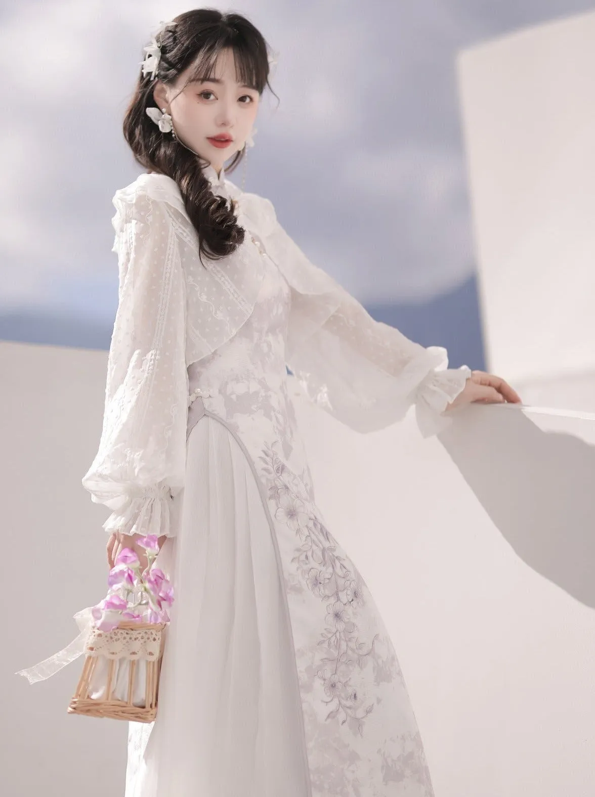 Ruffled Chinese Dress   Purple Cardigan Light Sheer Flower