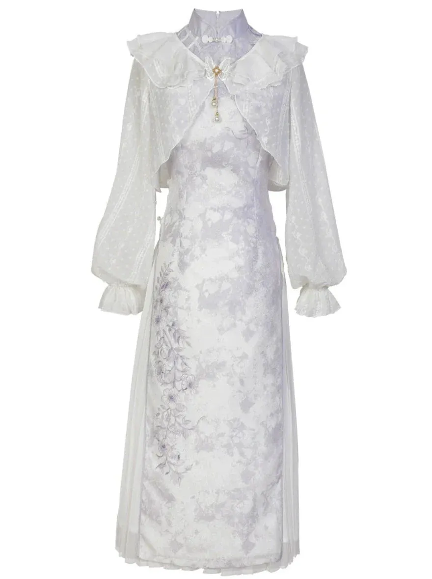 Ruffled Chinese Dress   Purple Cardigan Light Sheer Flower
