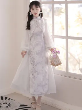 Ruffled Chinese Dress   Purple Cardigan Light Sheer Flower