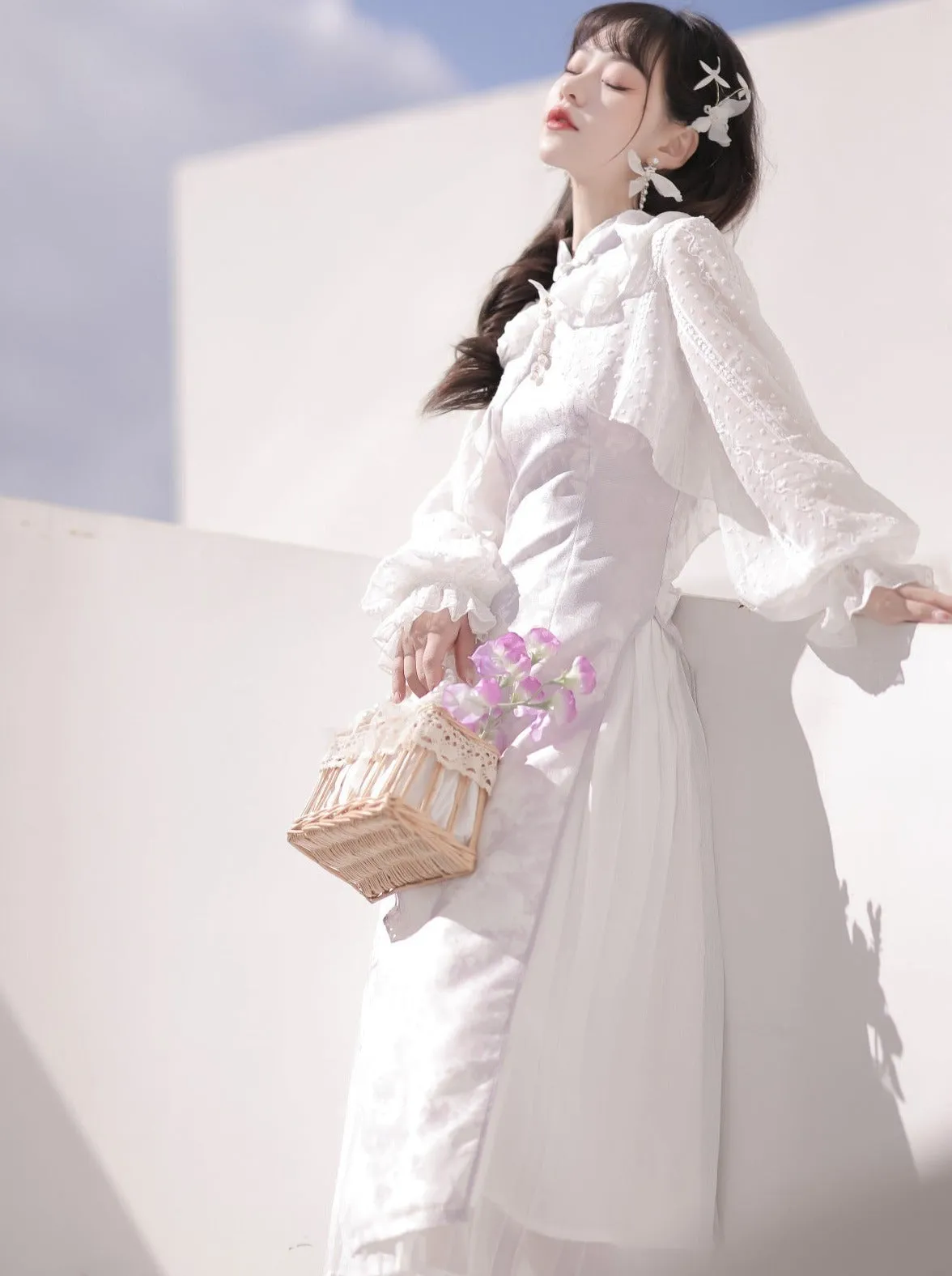 Ruffled Chinese Dress   Purple Cardigan Light Sheer Flower