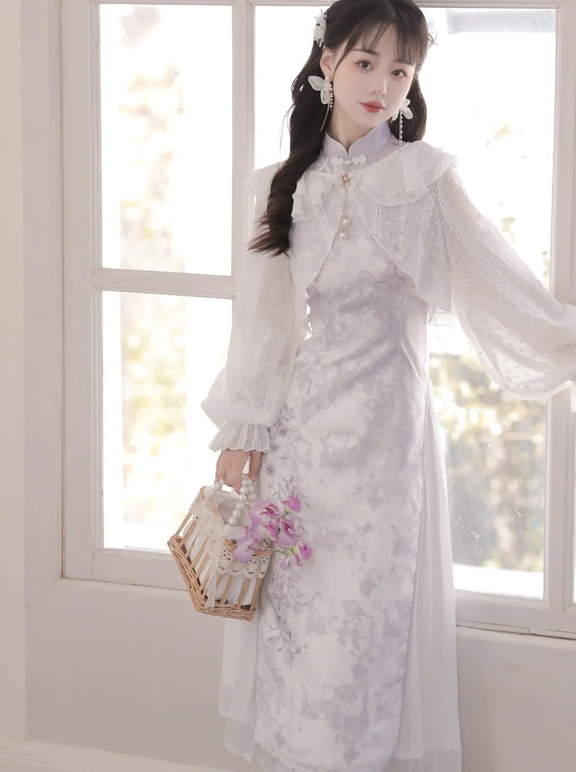 Ruffled Chinese Dress   Purple Cardigan Light Sheer Flower