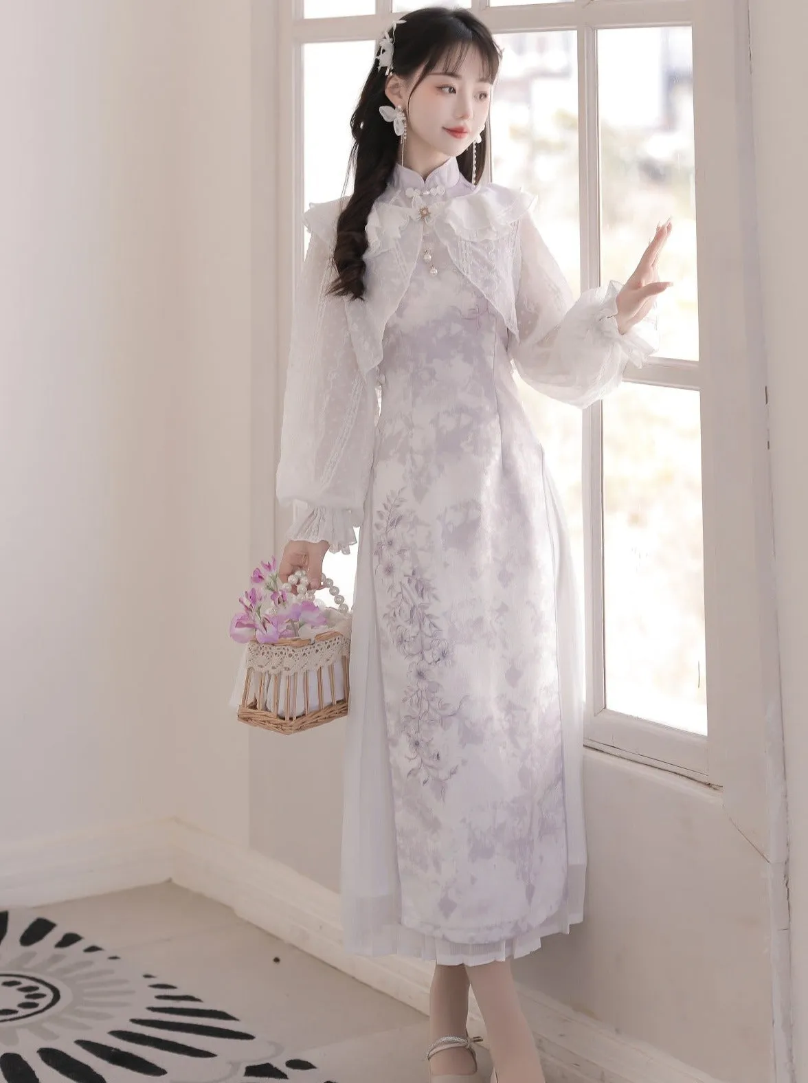 Ruffled Chinese Dress   Purple Cardigan Light Sheer Flower
