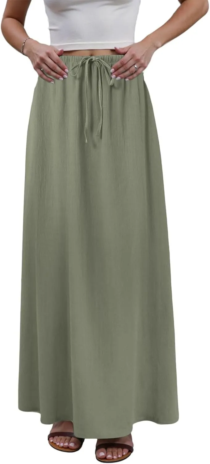 Rvidbe Women's Flowy Boho Maxi Skirt Drawstring Low Waist A Line Vacation Long Skirt Summer Casual Linen Skirts for Women