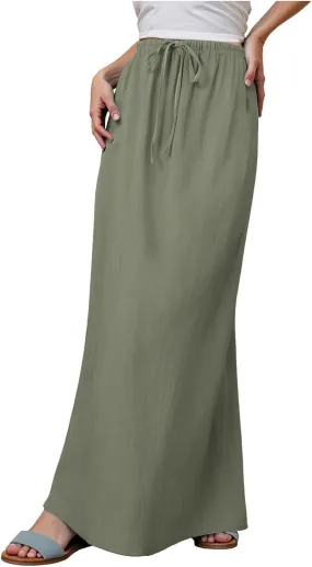 Rvidbe Women's Flowy Boho Maxi Skirt Drawstring Low Waist A Line Vacation Long Skirt Summer Casual Linen Skirts for Women