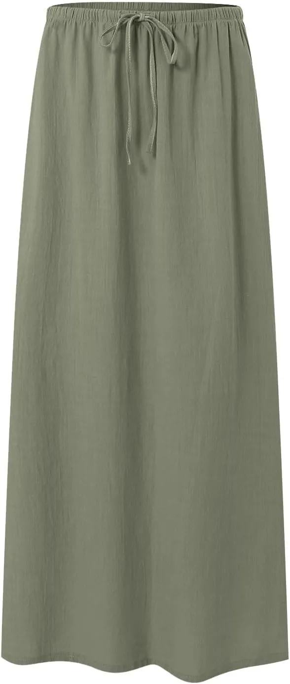 Rvidbe Women's Flowy Boho Maxi Skirt Drawstring Low Waist A Line Vacation Long Skirt Summer Casual Linen Skirts for Women