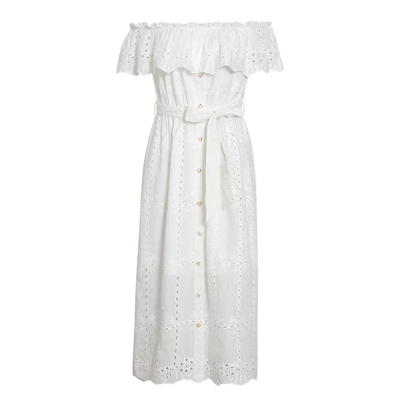 Sexy Off Shoulder Ruffle Cotton Elegant Buttons Embroidery Long Sundress