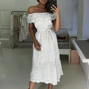 Sexy Off Shoulder Ruffle Cotton Elegant Buttons Embroidery Long Sundress
