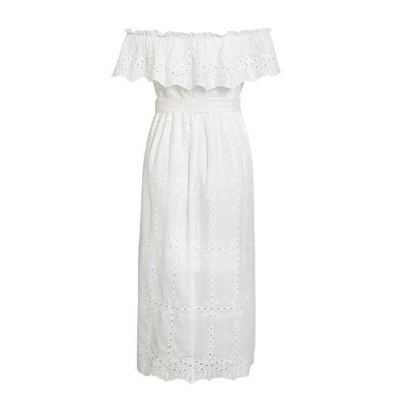 Sexy Off Shoulder Ruffle Cotton Elegant Buttons Embroidery Long Sundress
