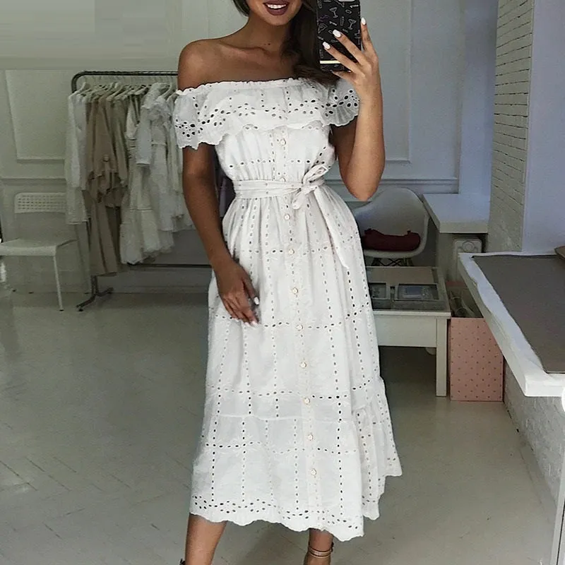 Sexy Off Shoulder Ruffle Cotton Elegant Buttons Embroidery Long Sundress