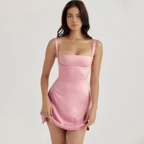 Sexy Square Neck Sleeveless Suspender Strap Micro Mini Satin Sundress