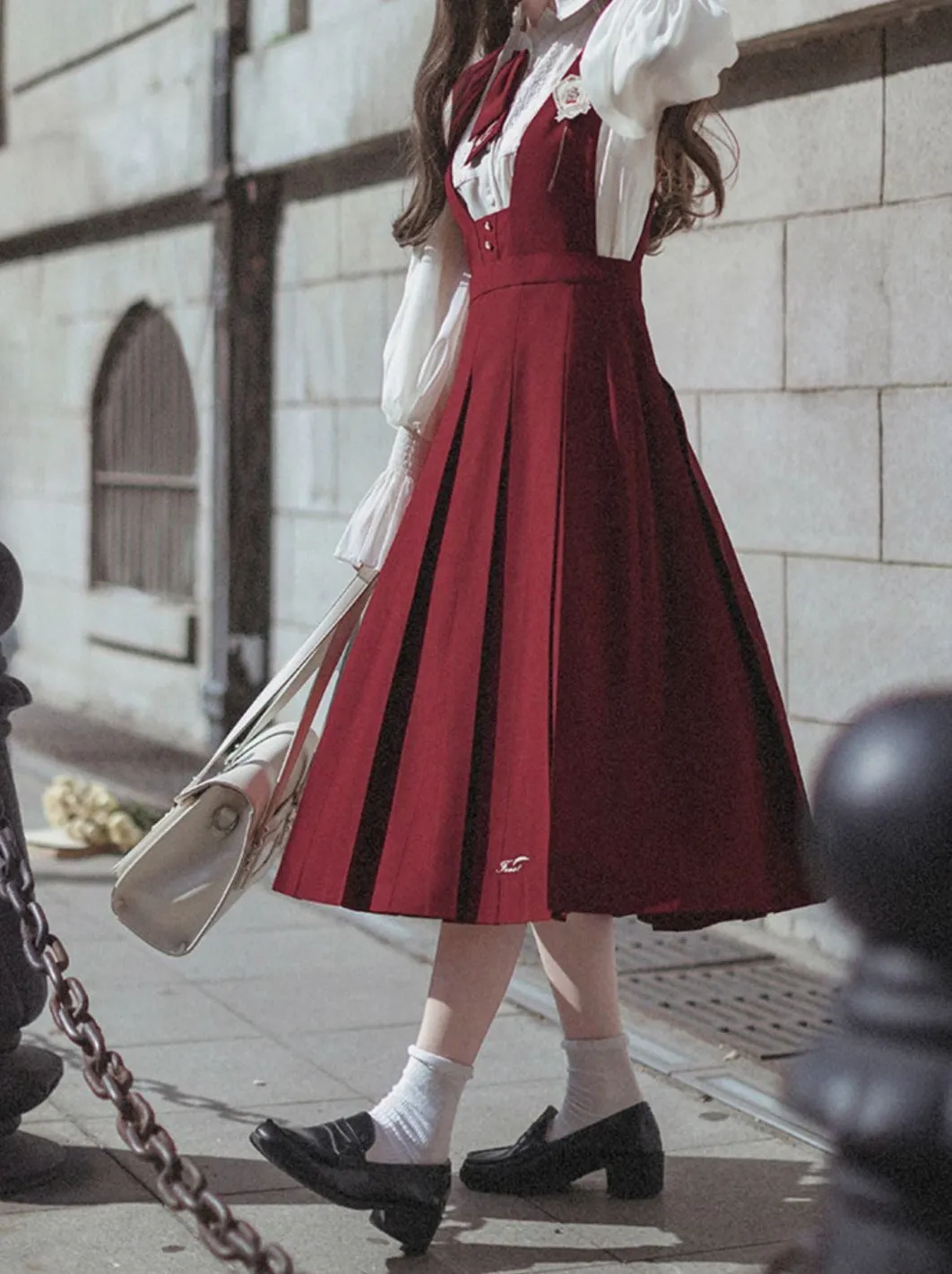 Shirt Retro Chiffon Badge   College Lace Tie   Elegant   Red Red Emblem Sundress