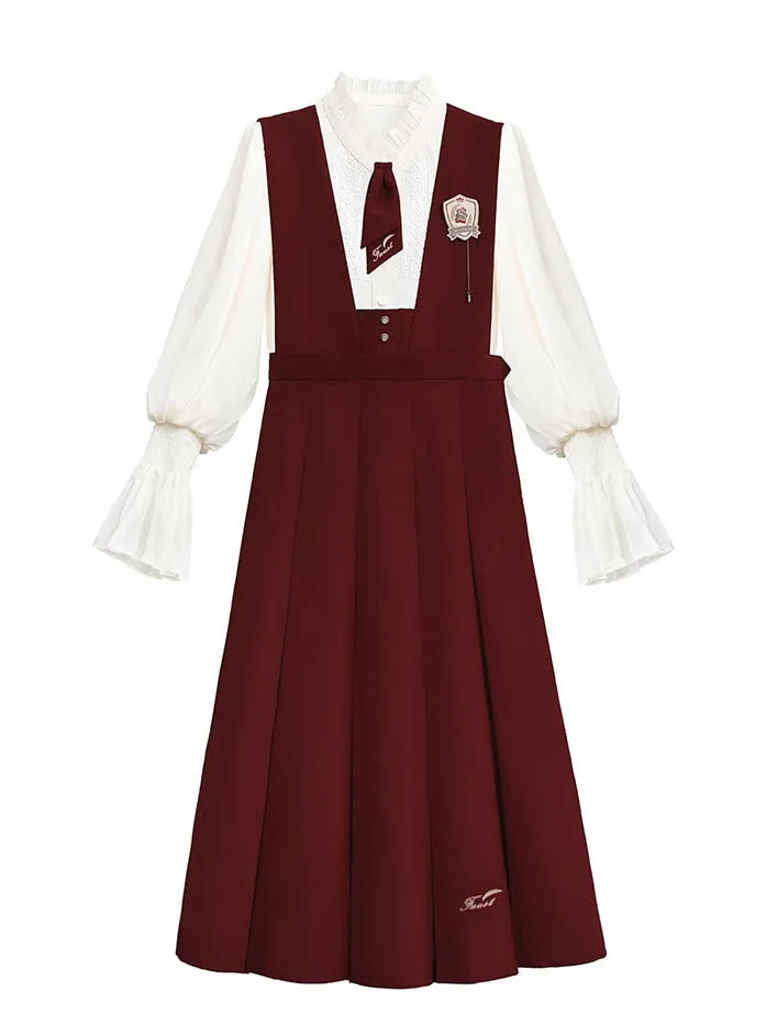Shirt Retro Chiffon Badge   College Lace Tie   Elegant   Red Red Emblem Sundress