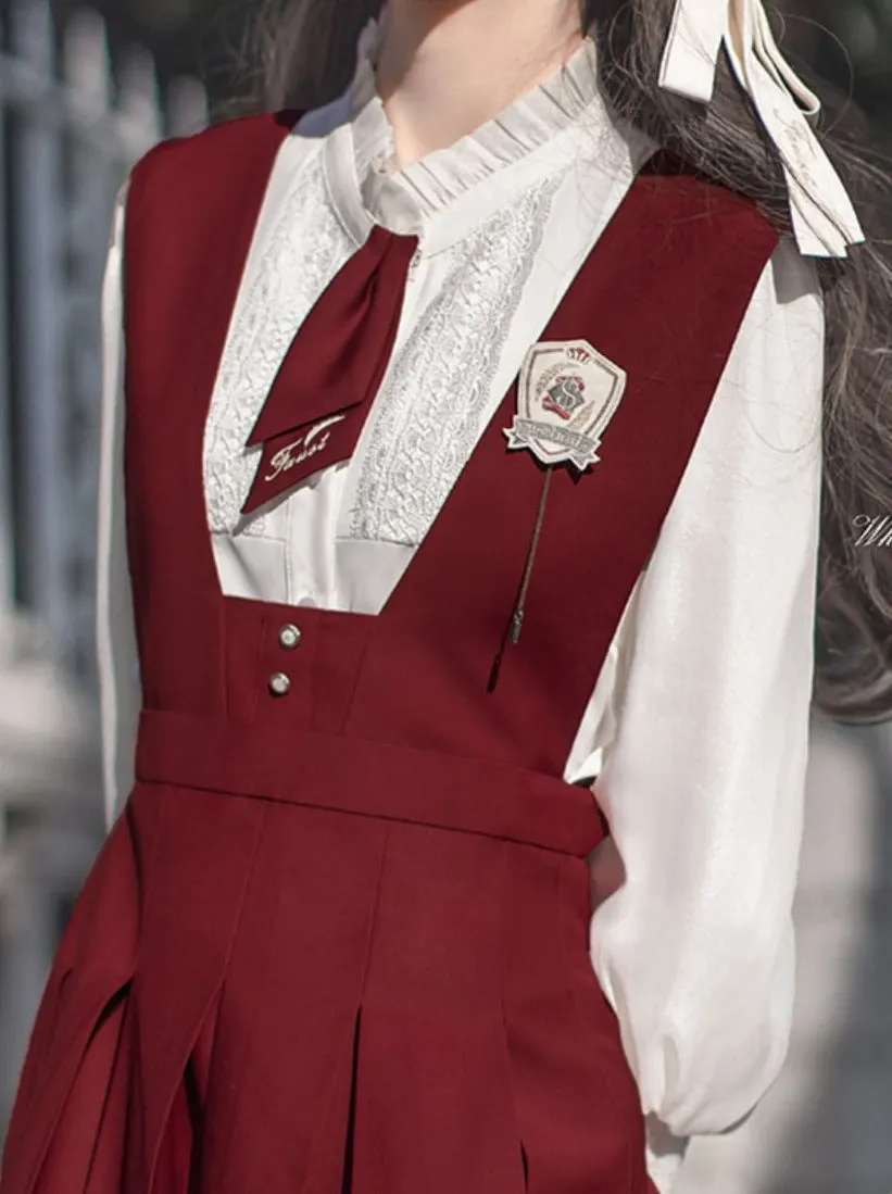 Shirt Retro Chiffon Badge   College Lace Tie   Elegant   Red Red Emblem Sundress