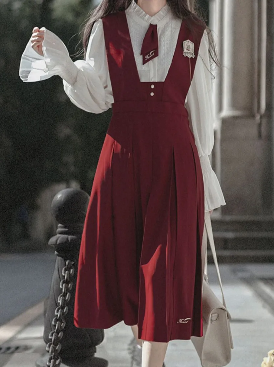 Shirt Retro Chiffon Badge   College Lace Tie   Elegant   Red Red Emblem Sundress