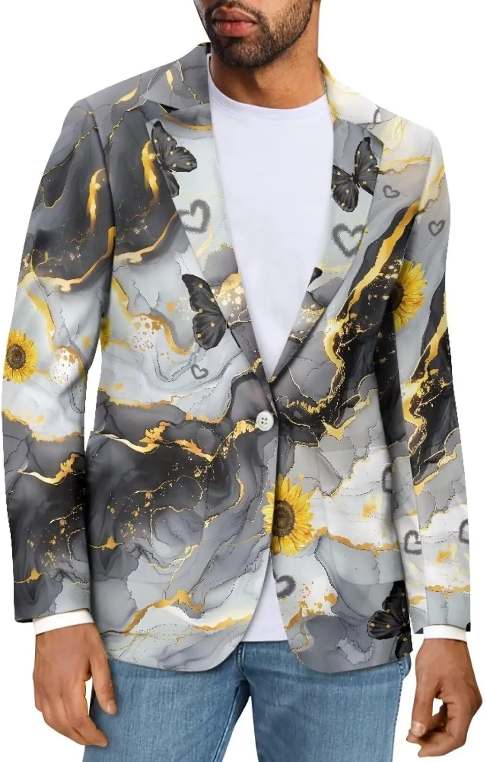 Soft Modern One Button Blazer for Men Novelty Print Long Sleeve Notch Lapel Collar Suit Jacket with Pockets