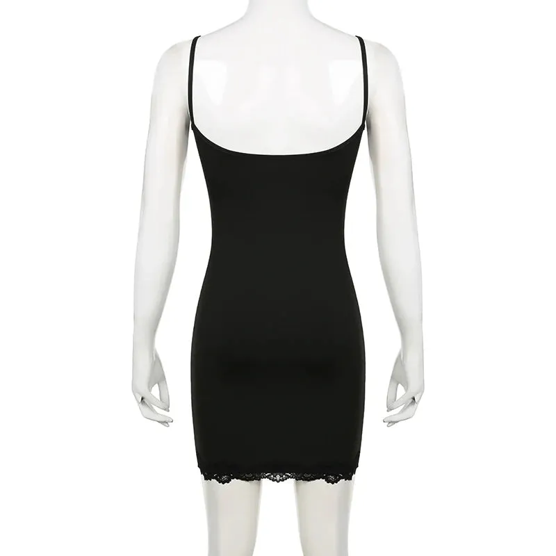 Spaghetti Strap Fitness Sexy Summer Dress Ladies Lace Trim Solid Basic Casual Party Mini Dresses Fashion Sundress New