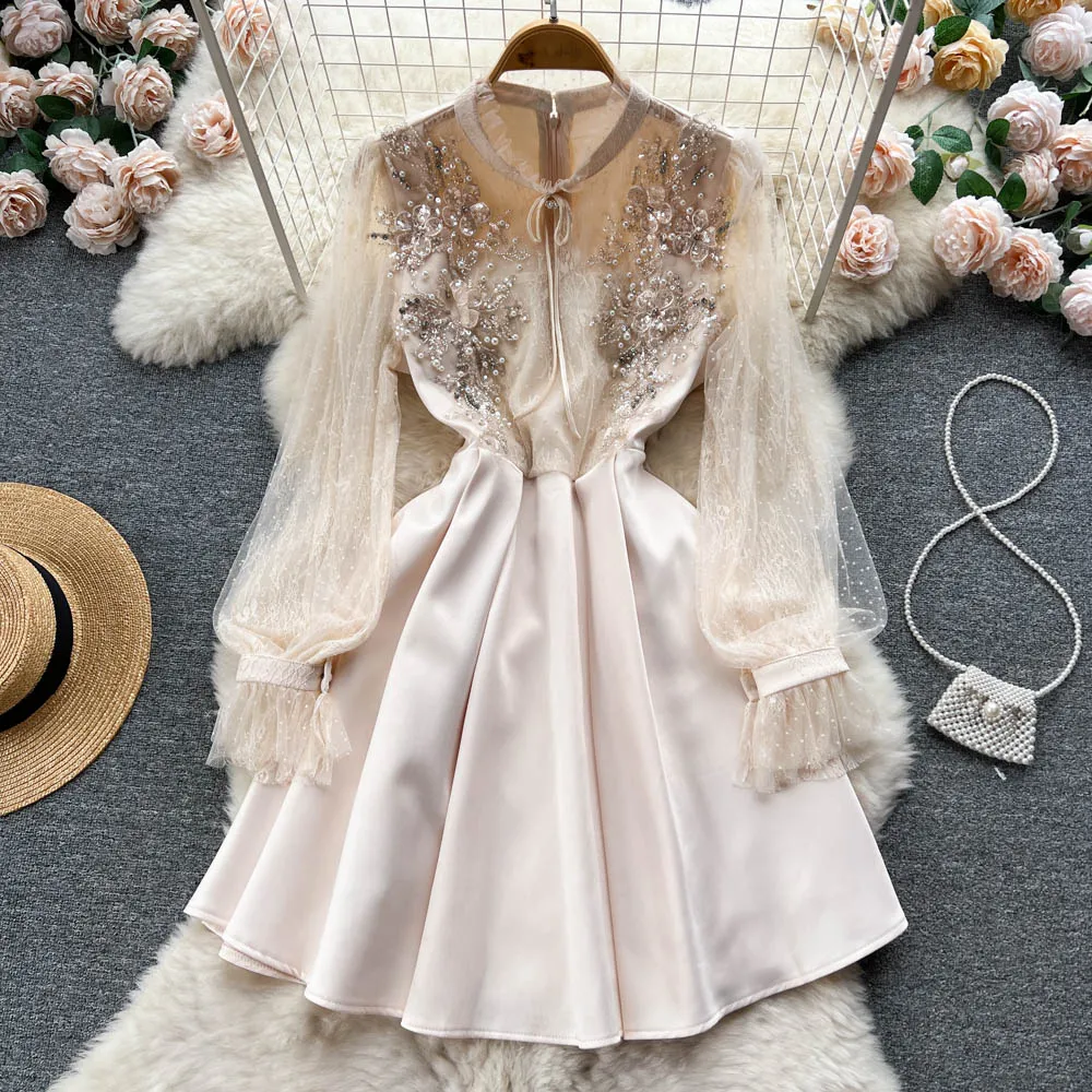 Spring and Autumn Beaded High Waist Mesh Dress Female Fairy Tutu Skirt  436