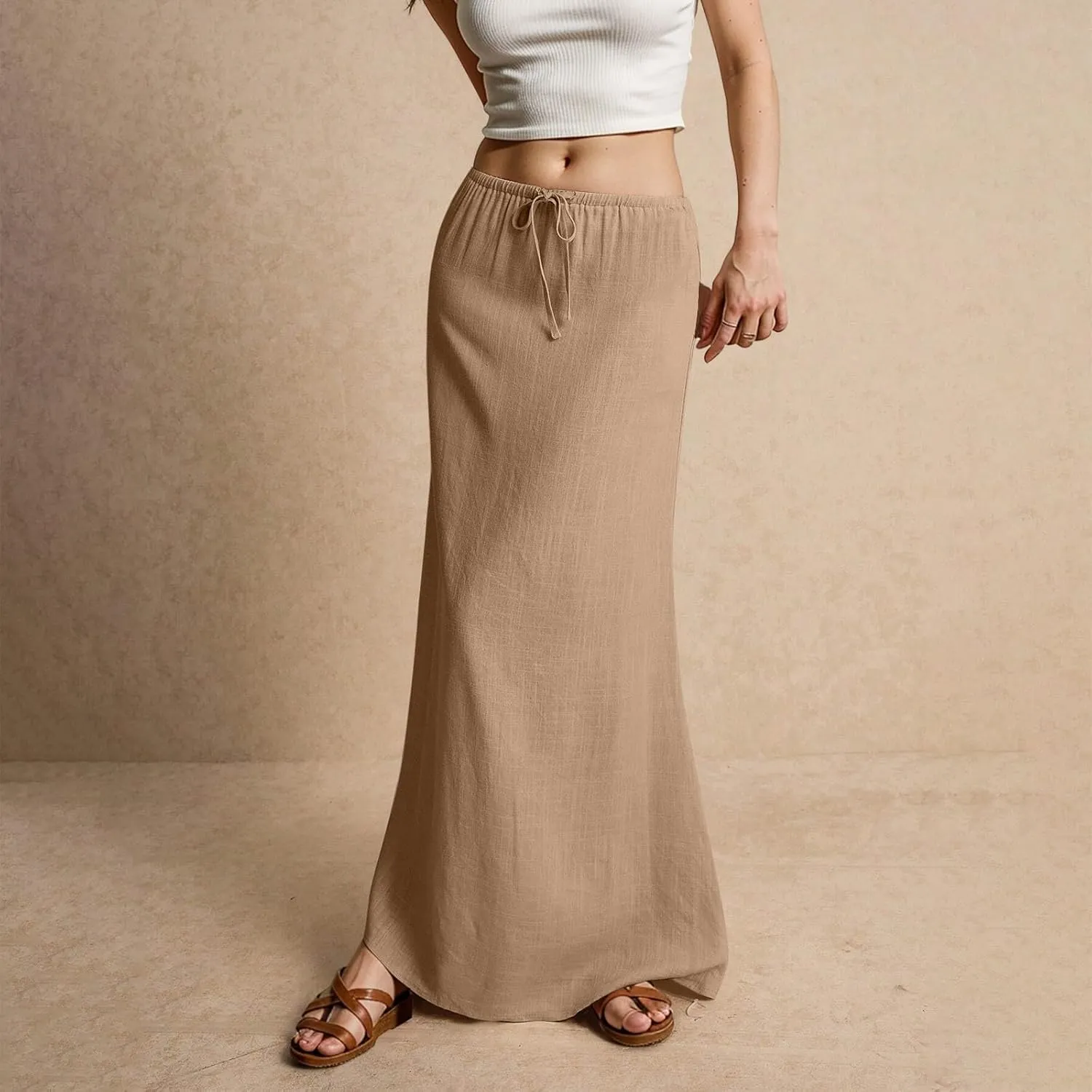 Spring Skirts for Women Cotton Linen Long Summer Casual Drawstring Low Waist Linen Skirts Flowy Vacation Boho