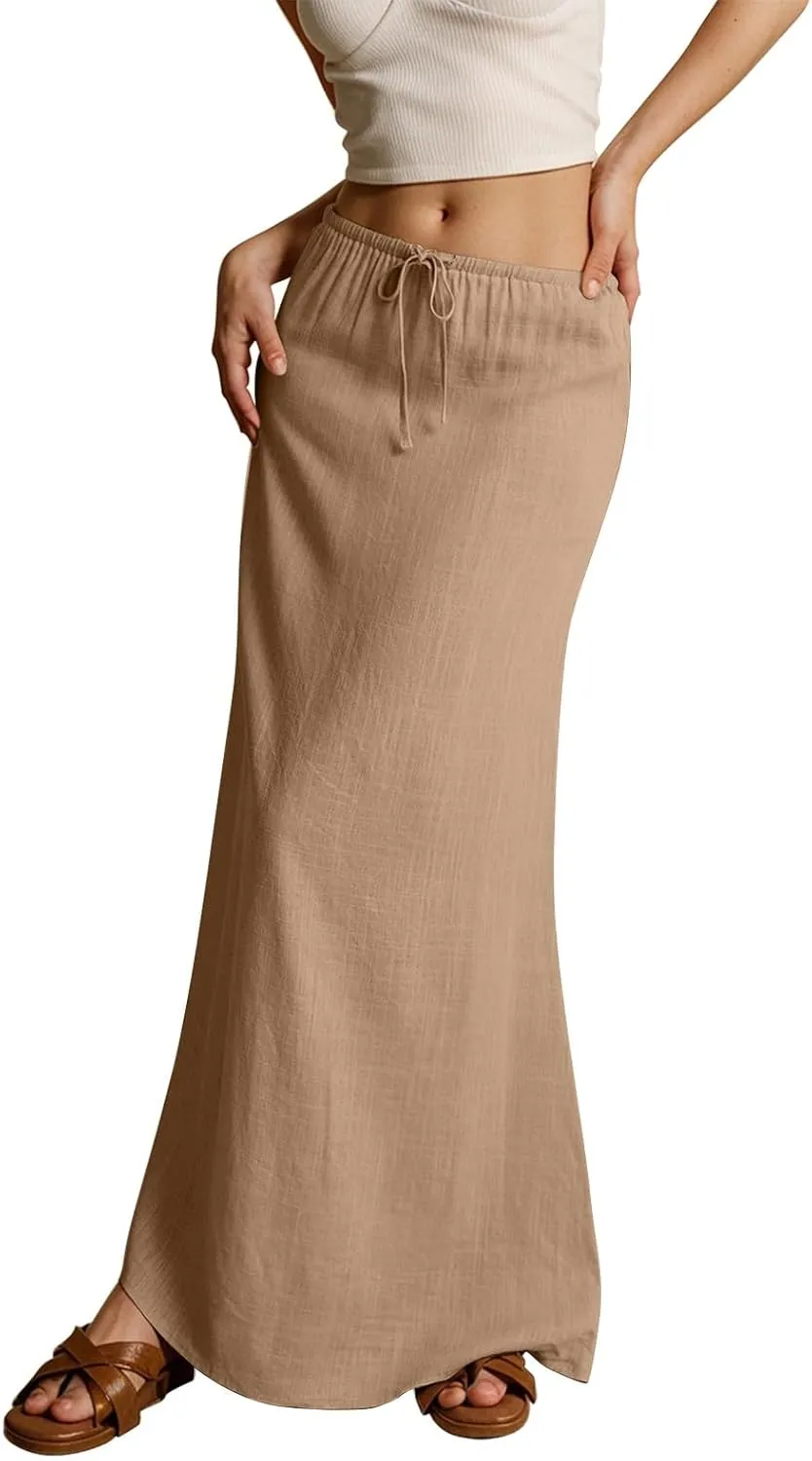 Spring Skirts for Women Cotton Linen Long Summer Casual Drawstring Low Waist Linen Skirts Flowy Vacation Boho